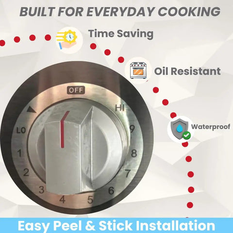 Close-up of stove knob with Stove Dial Stickers For Oven And Range Knobs Easy Read Knob Symbol Decals Replacement