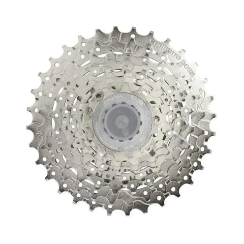Top view of 9 Speed Cassette 11-34T HG400 For MTB And Trekking Alivio M3100 Compatible Durable Silver Ni Ni Plated