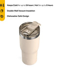 20oz Ceramic Lined Travel Tumbler With Double Wall Vacuum Insulation And Secure Lid, beige color, clear lid, top view.