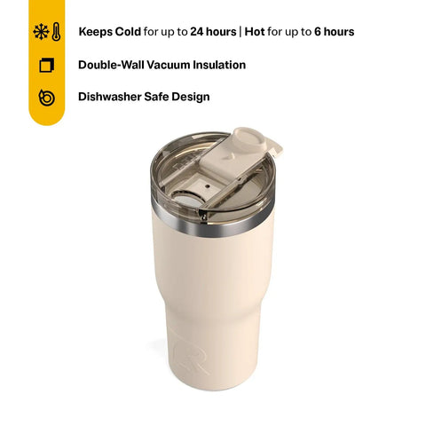 20oz Ceramic Lined Travel Tumbler With Double Wall Vacuum Insulation And Secure Lid, beige color, clear lid, top view.