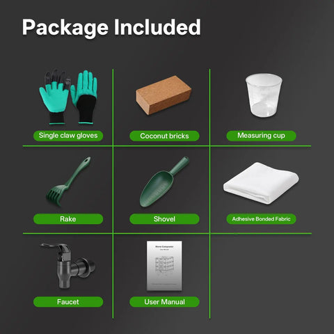 Contents of 3 Layer Worm Composter With 50L Capacity, including gloves, rake, shovel, faucet, and manual for vermicomposting kit.