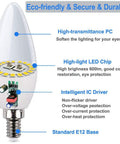 Diagram showing features of Two Pack E12 LED Candelabra Bulbs, 400 Lumens, 4W, 3000K Warm White, High Brightness, Energy Efficient.
