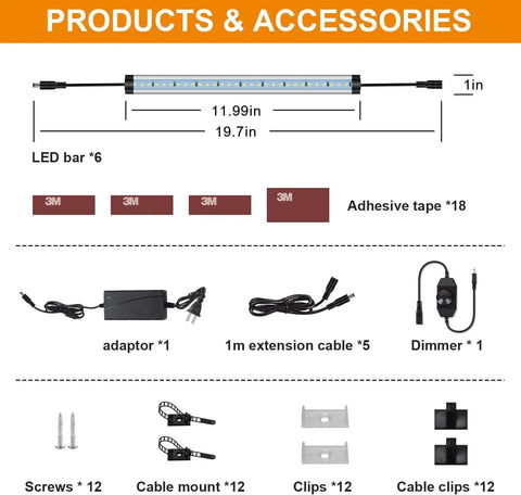 Components of Under Cabinet Lighting Kit Six Pack 12 Inch LED Plug In Lights 5000K Daylight 3600LM Super Bright Dimmable Bar
