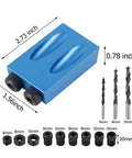 15 Degree Pocket Hole Joinery Kit With 6/8/10mm Drive Adapters for woodworking, showing jig dimensions and drill bits.