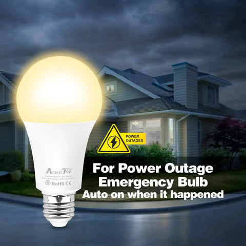 Rechargeable Emergency LED Light Bulb 2 Pack With Battery Backup A19 E26 Base glowing with house background for power outages.