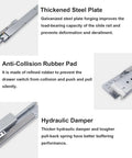 Close-up of steel undermount drawer slides showing ball bearings, anti-collision rubber pad, and hydraulic damper.