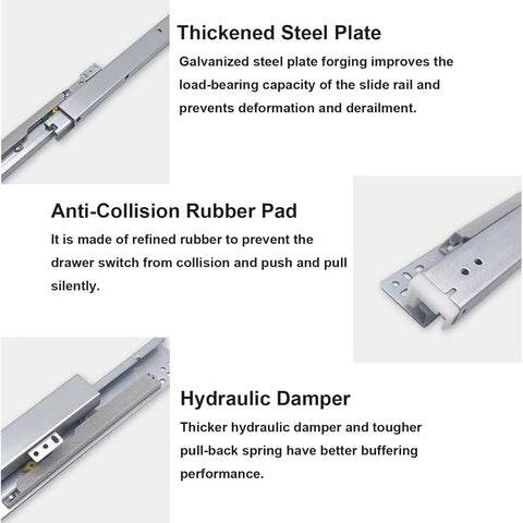 Close-up of steel undermount drawer slides showing ball bearings, anti-collision rubber pad, and hydraulic damper.