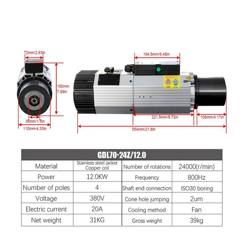 Top Shelf 12KW Air Cooled CNC Spindle Motor 24000 RPM ISO30 Quick Release Tool Holder with dimensions and specifications