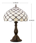 Tiffany Style Cream Amber Stained Glass Table Lamp With Bead Accents, 12 Inch Shade, 18 Inch Tall, Antique Green Bronze Base, UL Listed