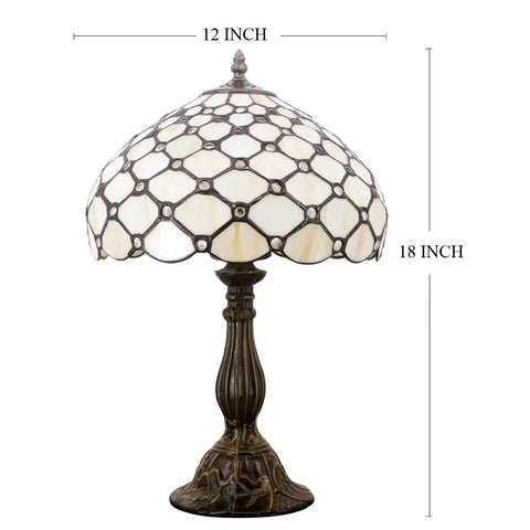 Tiffany Style Cream Amber Stained Glass Table Lamp With Bead Accents, 12 Inch Shade, 18 Inch Tall, Antique Green Bronze Base, UL Listed