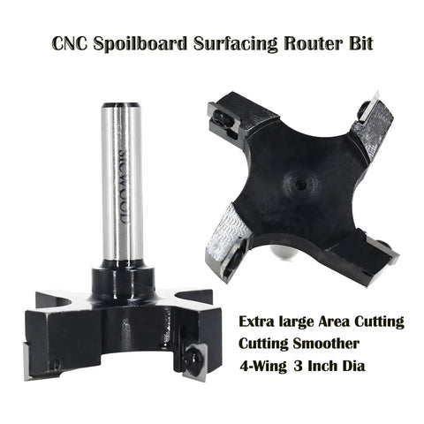 Top Shelf 1/2 Inch Shank Slab Flattening Router Bit With Massive 3 Inch Cutter And Reversible Carbide Inserts For CNC Spoilboard Surfacing Plus Zero Hassle Wood Planing Jobs - 4-wing design cut viewed from side