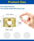 Three Pack Upgraded Cord Management Clips With Extra Large Adhesive Base For Desk And Nightstand No Slip Grip For Chargers USB Wires Aluminum Gold Cable Clips For Charger Holder showing clip size and design