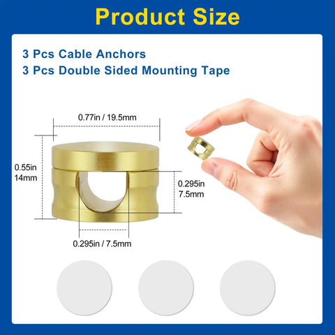 Three Pack Upgraded Cord Management Clips With Extra Large Adhesive Base For Desk And Nightstand No Slip Grip For Chargers USB Wires Aluminum Gold Cable Clips For Charger Holder showing clip size and design