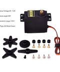 MG995 Micro Servo Motor With 180 Degree Metal Gear High Torque, Digital Standard Servo For RC Gearheads, 12kgcm Stall Torque At 6V And 13kgcm At 7.2V, Fast Positioning And Precise Control For Robots And Projects. black MG995 servo with metal gears, horn arms, screws, and cable