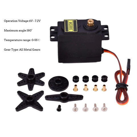 MG995 Micro Servo Motor With 180 Degree Metal Gear High Torque, Digital Standard Servo For RC Gearheads, 12kgcm Stall Torque At 6V And 13kgcm At 7.2V, Fast Positioning And Precise Control For Robots And Projects. black MG995 servo with metal gears, horn arms, screws, and cable