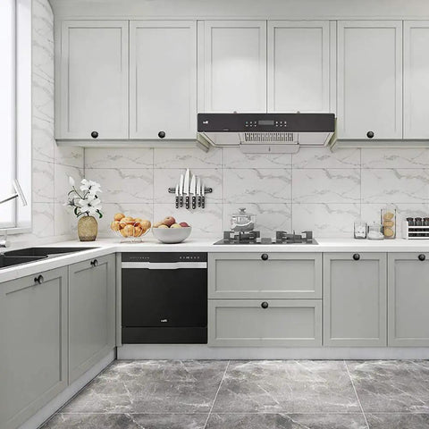 Modern kitchen with Matte Black Cabinet Knobs 10 Pack 1.2 Inch Round Zinc Alloy Drawer Pulls For Dresser Cabinets Kitchens.