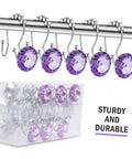 Double Hooks Glide Shower Curtain Rings No Fuss Rust Resistant Stainless Steel Purple Decorative Design displayed