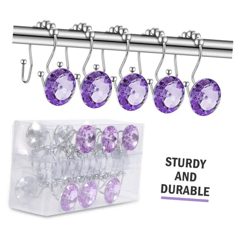 Double Hooks Glide Shower Curtain Rings No Fuss Rust Resistant Stainless Steel Purple Decorative Design displayed