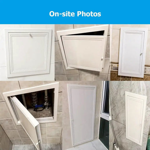 Rock Solid Flush Mount Access Panel For Drywall With Heavy Duty Aluminum Frame And Sleek Galvanized Steel Cover, installed in various angles.