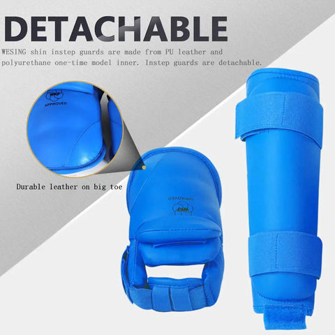 Blue Karate Shin Guard Set With Instep Protection And Gloves, WKF Certified For Training And Competition, Medium Size