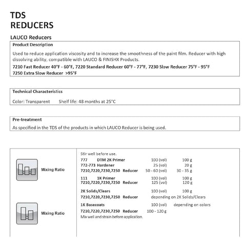 TDS sheet for LAUCO reducers detailing technical characteristics, product description, and mixing ratios with diagrams.