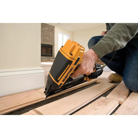 Pro Gear 15 Gauge Pneumatic Angle Finish Nailer With Dial Depth Control used on wooden flooring, showing application and precision.