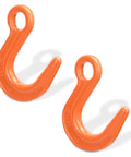 Two orange Leero 2-ton safety lifting hooks with large opening, G80 alloy steel