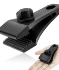 Upgrade Large Tarp Clips Set with heavy duty lock grip clamp showing details of thumb screw and crocodile teeth on a hand.
