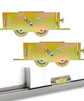 2 Pack Sliding Patio Door Tandem Roller Assembly Replacement Fits Guardian Croft VinylMax And Other Sliding Door Manufacturers 1-1/4 Inch Steel Ball Bearing End Adjustment 5-3/4 Inch Screw Hole Centers, showing steel roller assembly components on white background