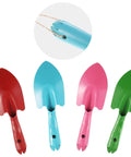 Four Piece Eight Inch Trowel Set With Colorful Metal Hand Shovels For Beach Garden And Planting Tasks, pink red blue green spades
