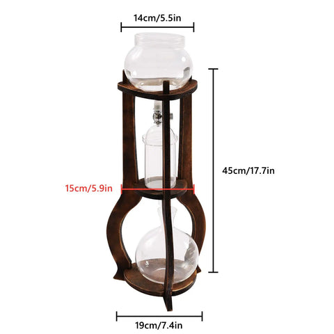 Slick Portable Cold Brew Coffee Maker Tower Featuring Adjusted Drip Speed And Generous 600 ML Size with a sleek glass and wood design.