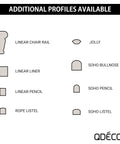 Diagram of various trim profiles including Soho Listel Low Pencil Tile Trim One Half Inch By 12 Inch Brushed Nickel Decorative Edge