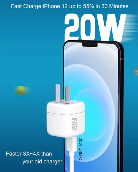 20W USB-C charger connected to smartphone screen showing fast charging capability, Go To Universal Travel Adapter Charger Europe To USA Plug