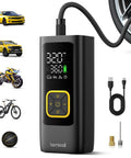 Portable Car Tire Inflator Air Compressor Cordless 150 PSI with Rechargeable Battery Digital Pressure Gauge and LED Light.