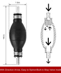 Top Shelf Manual Fuel Transfer Pump With Thick Rubber Bulb And Metal Body Shifts Gasoline Diesel And Oil One Way Vacuum Primer close-up with dimensions.