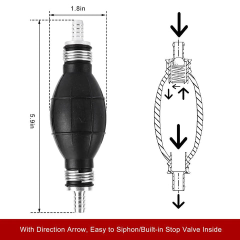 Top Shelf Manual Fuel Transfer Pump With Thick Rubber Bulb And Metal Body Shifts Gasoline Diesel And Oil One Way Vacuum Primer close-up with dimensions.