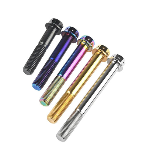 Top Notch Titanium M10 Flange Hex Screws, Super Heavy Duty Serrated Lock Tightening Fasteners in various colors for bike mods.