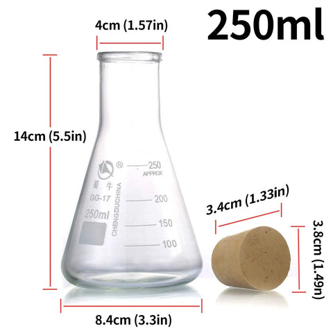 250ml borosilicate Erlenmeyer flask with rubber stopper, precise scale, part of Must Have Three Piece Glass Erlenmeyer Flask Set