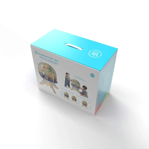Deep Sea Adventure Wooden Toddler Activity Center packaging box showing age recommendations, colorful design, and dimensions.