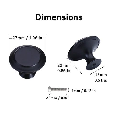 Dimensions of 12 Pack Black Aluminum Cabinet Knobs With Screws, Round Drawer Hardware for Kitchen Cabinets.
