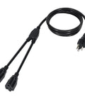 Two Way Power Cord Splitter Cable For 6 Ft Three Prong To Two Outlets Extension Cord With Outlet Saver Y Splitter UL Certified SJTW 16 Gauge 13 Amp 125 Volt Black showing 3-prong plug