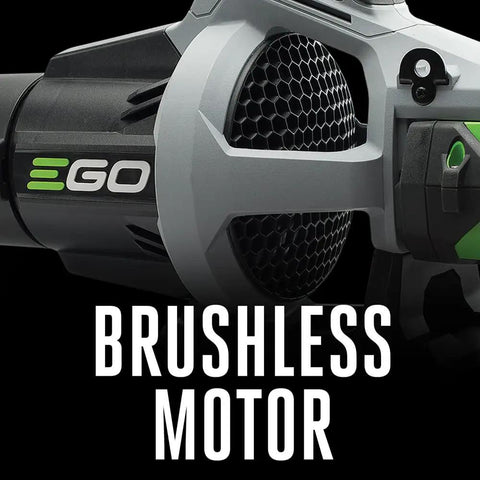 Close-up of brushless motor on cordless electric leaf blower with battery, turbo mode, 110 MPH air speed, 530 CFM, long runtime.