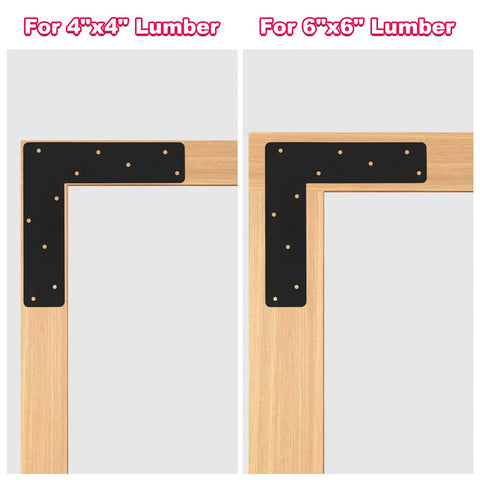 Heavy Duty L Shape Bracket Set, 4 Pcs 12x12 Mending Plates With Black Powder Coat, shown on 4x4 and 6x6 frames