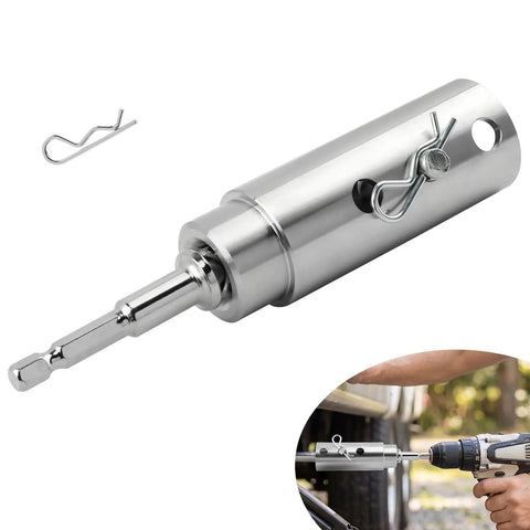 Slick Heavy Duty Trailer Jack Drill Adapter With One Inch Drive Shaft, stainless steel tool with clevis pin for RV usage.