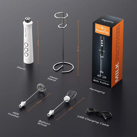 Rechargeable Milk Frother Handheld Foam Maker With Stainless Whisk For Cappuccino Latte Bulletproof Coffee Keto Diet Protein Powder Matcha Pure White Two Whisks No Fuss Quick Froth components displayed.
