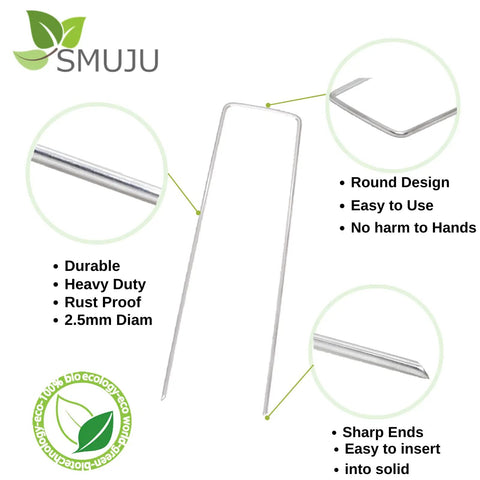 Heavy Duty 25 Piece 6 Inch Landscape Staples Galvanized Steel Stakes For Ground Cover Weed Barrier And Drip Irrigation Tubing Grip Tight U Shaped Pins For Lawn Edging, showing U-shaped design and sharp ends.