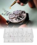 Pro Grade Copper Watch Dial Feet Assortment Kit For DIY Repair Handy Storage Box With Compartments Precision Watchmaker Parts Set For Dial Feet Gears And Small Repair Jobs image showing compartments and tools.