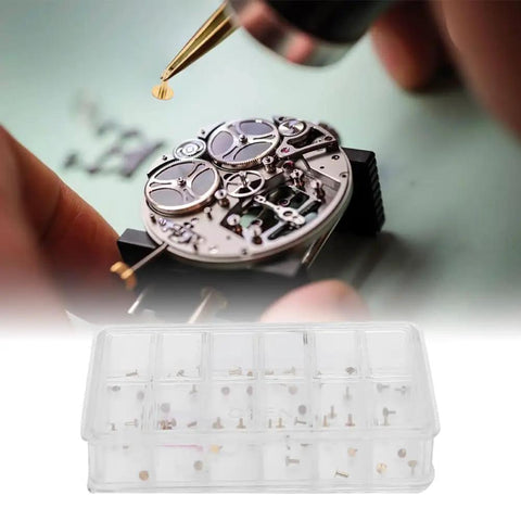 Pro Grade Copper Watch Dial Feet Assortment Kit For DIY Repair Handy Storage Box With Compartments Precision Watchmaker Parts Set For Dial Feet Gears And Small Repair Jobs image showing compartments and tools.