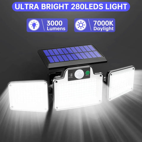 Solar Outdoor Motion Sensor Lights With 280 LED Waterproof IP65 Garden Flood Lights with remote control showcasing 3000 lumens.