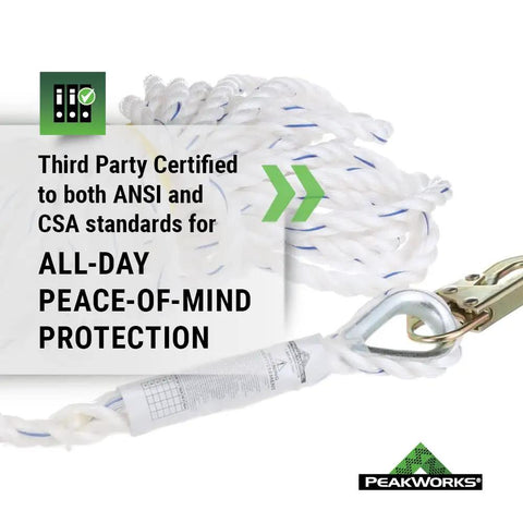 Heavy Duty Vertical Lifeline With Five Eighth Inch Polysteel Rope And Snap Hook For Industrial Construction Roofing And Recreation Use, Pro Grade Fall Protection That Meets ANSI And OSHA Standards, Available In Multiple Lengths - White rope with snap hook and certification text.